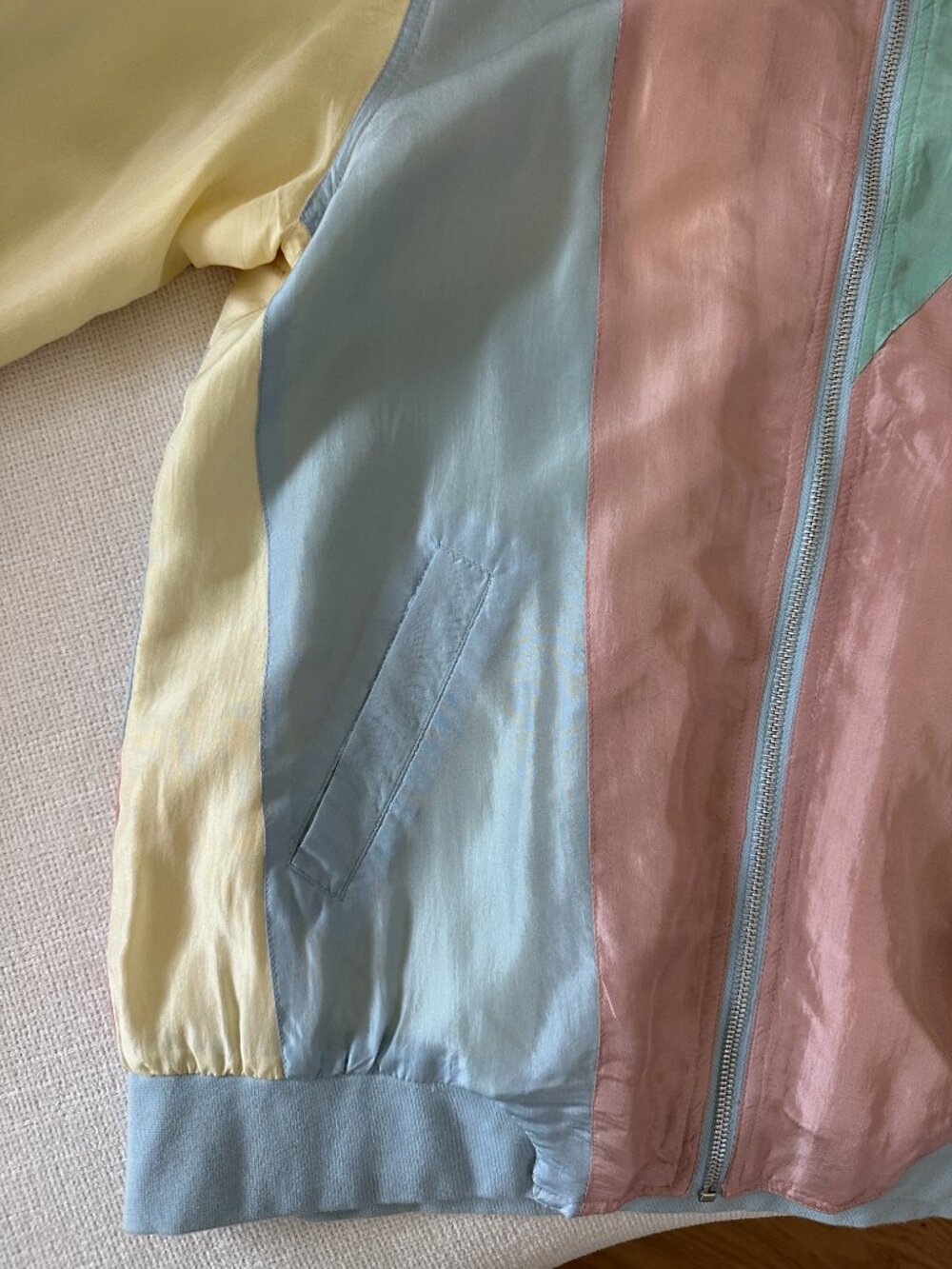 Vintage 80s Blair 100% Silk Pastel Color Block Bomber Jacket Oversized Small - Picture 3 of 14